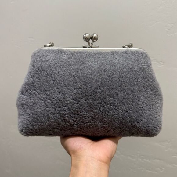 Gray Real Shearling Leather Handmade Kisslock Clutch Shoulder Bag, Crossbody - Picture 6 of 14